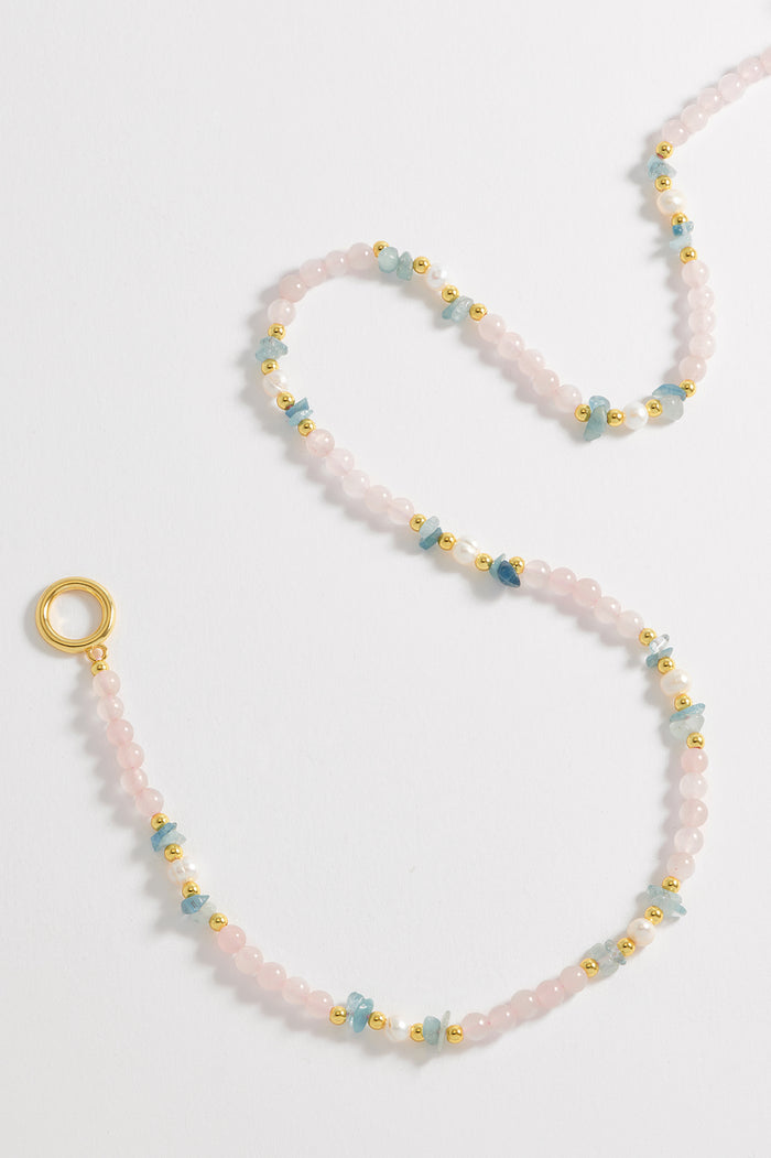 estella bartlett Gemstone Pearl T-Bar Necklace Gold Plated | Pearl Rose Quartz and Aquamarine