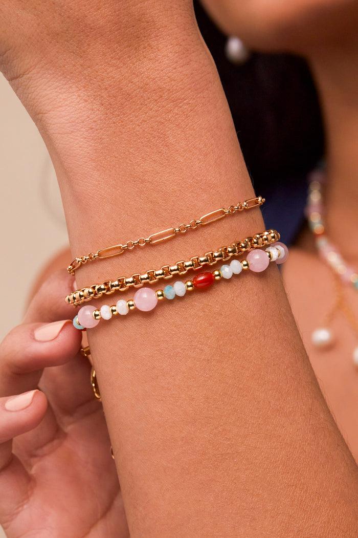 Estella Bartlett Gemstone T-Bar Bracelet Gold Plated | Red Agate Angelite And Amazonite