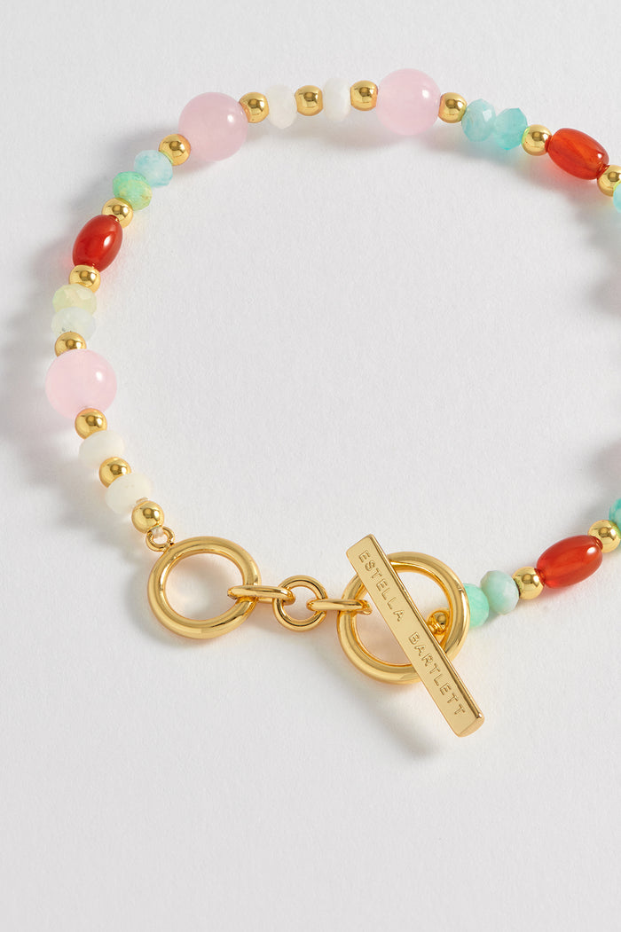 Estella Bartlett Gemstone T-Bar Bracelet Gold Plated | Red Agate Angelite And Amazonite