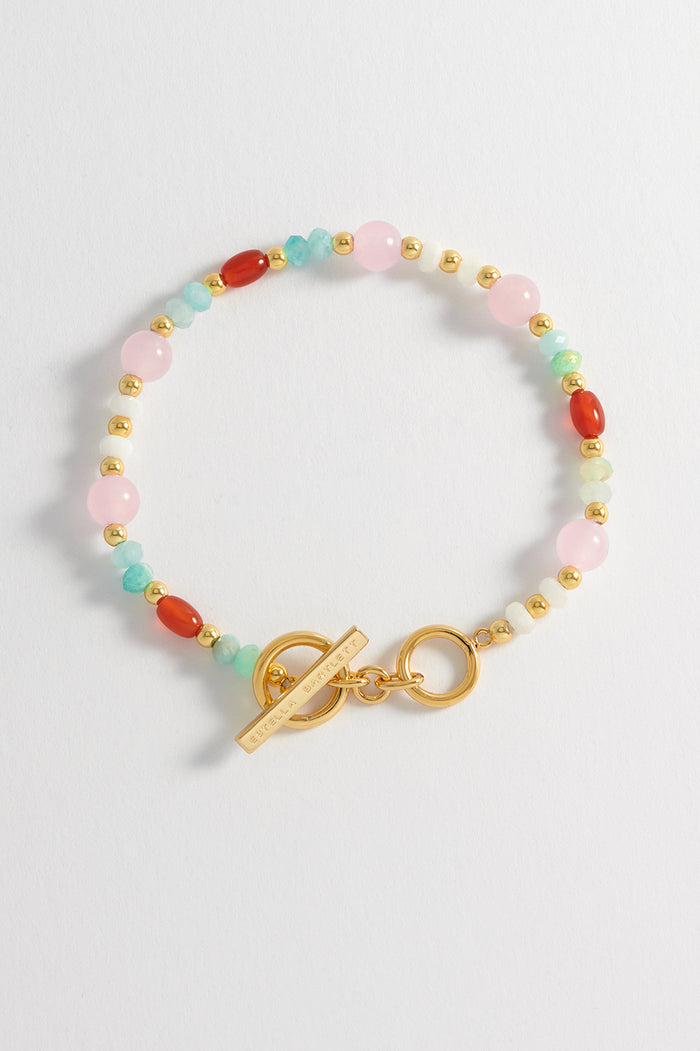 estella bartlett Gemstone T-Bar Bracelet Gold Plated | Red Agate Angelite and Amazonite