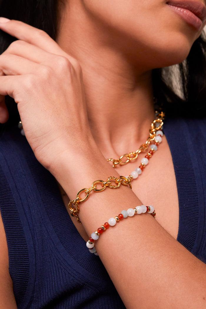Estella Bartlett Gemstone T-Bar Bracelet Gold Plated | Red Agate Aqua And Moonstone