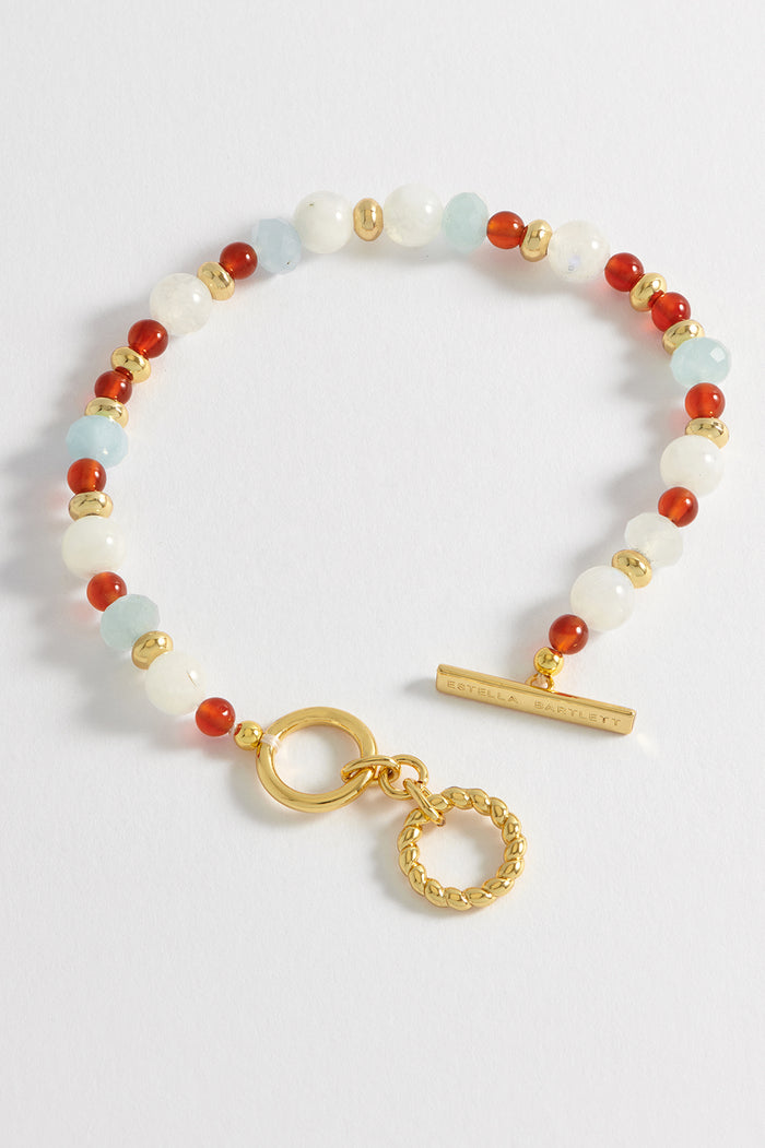 Estella Bartlett Gemstone T-Bar Bracelet Gold Plated | Red Agate Aqua And Moonstone