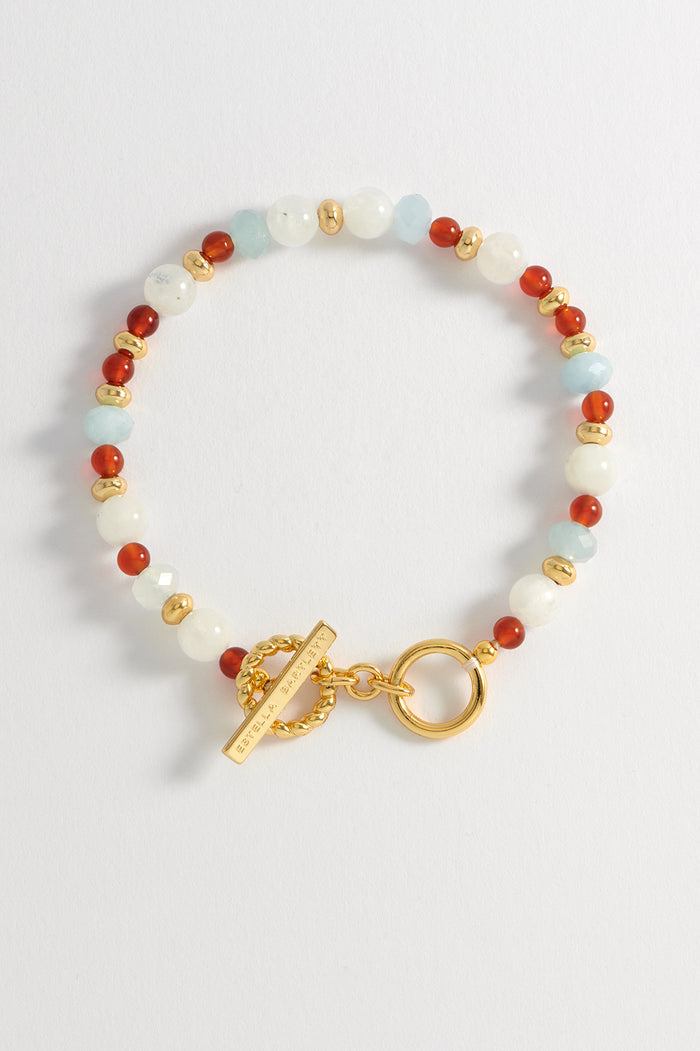 estella bartlett Gemstone T-Bar Bracelet Gold Plated | Red Agate Aqua and Moonstone