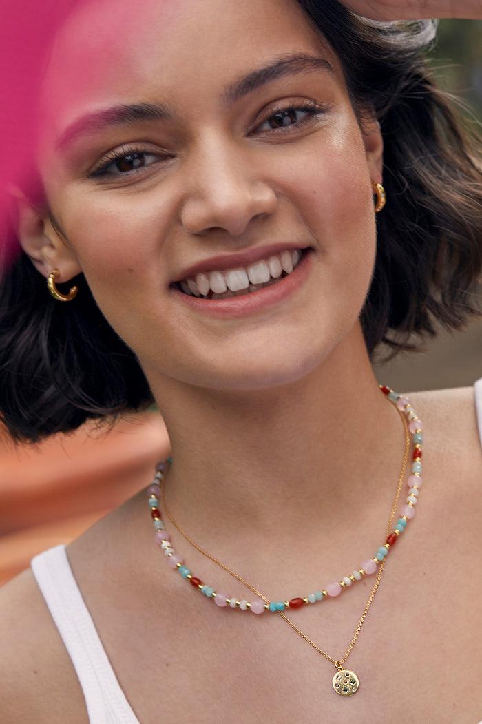 Estella Bartlett Gemstone T-Bar Necklace Gold Plated | Red Agate Angelite And Amazonite