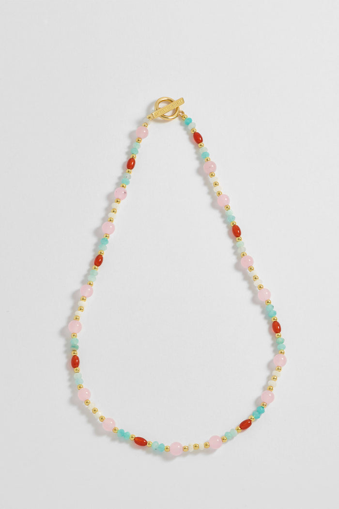 estella bartlett Gemstone T-Bar Necklace Gold Plated | Red Agate Angelite and Amazonite