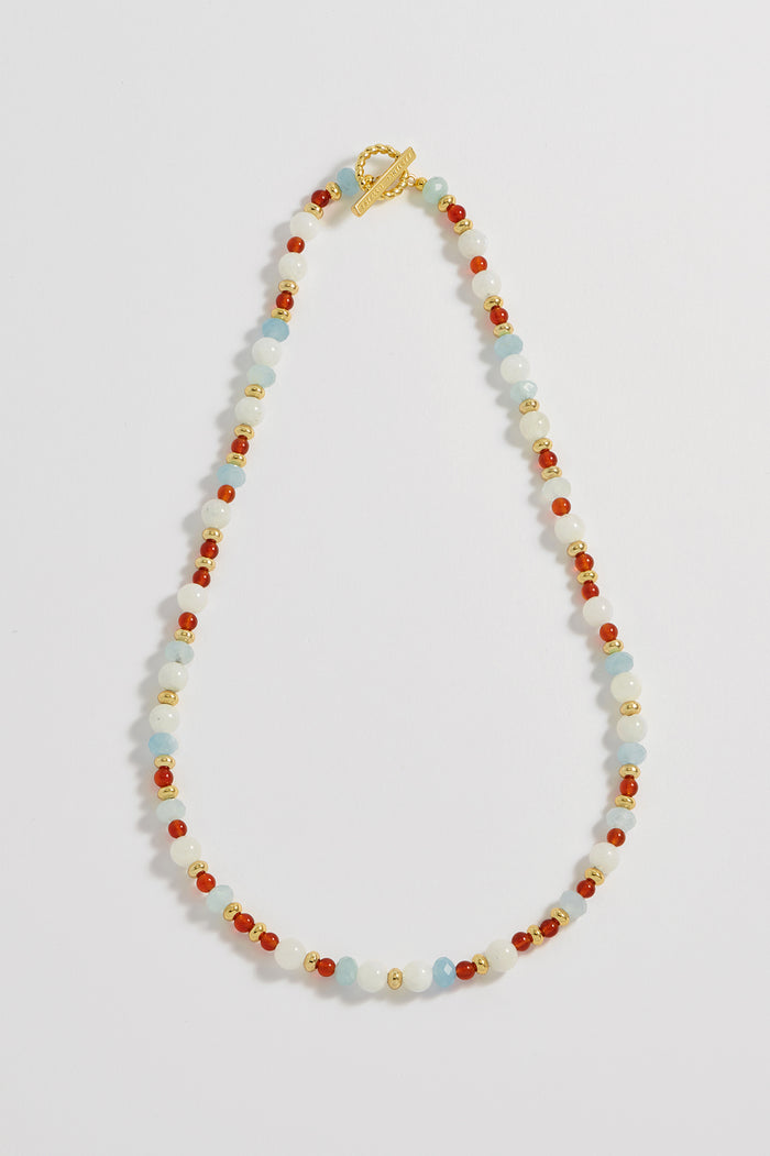 Estella Bartlett Gemstone T-Bar Necklace Gold Plated | Red Agate Aqua And Moonstone