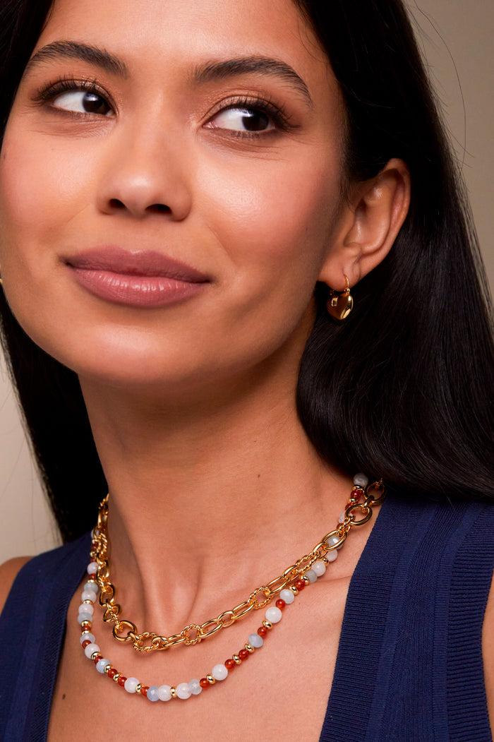 Estella Bartlett Gemstone T-Bar Necklace Gold Plated | Red Agate Aqua And Moonstone