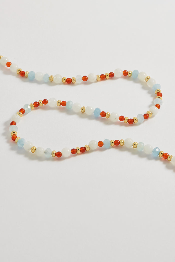 estella bartlett Gemstone T-Bar Necklace Gold Plated | Red Agate Aqua and Moonstone