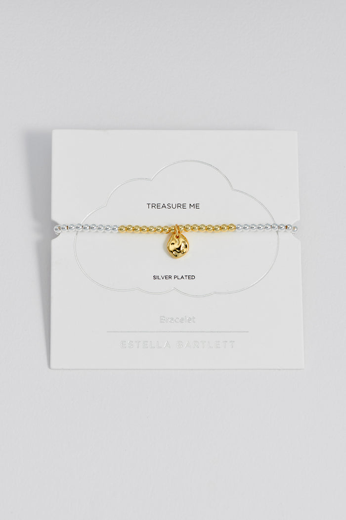 estella bartlett Hammered Charm Beaded Bracelet Gold and Silver Plated Packaging Message: Treasure Me