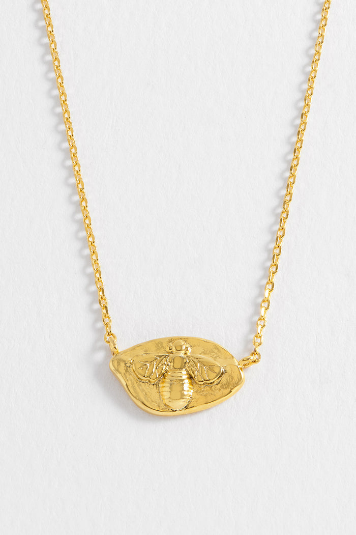 Estella Bartlett Hammered Coin Bee Pendant Necklace Gold Plated Packaging Message: BEE HAPPY