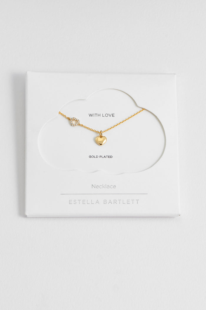 estella bartlett Heart Charm With Open Cz Heart Necklace Gold Plated Packaging Message: With Love