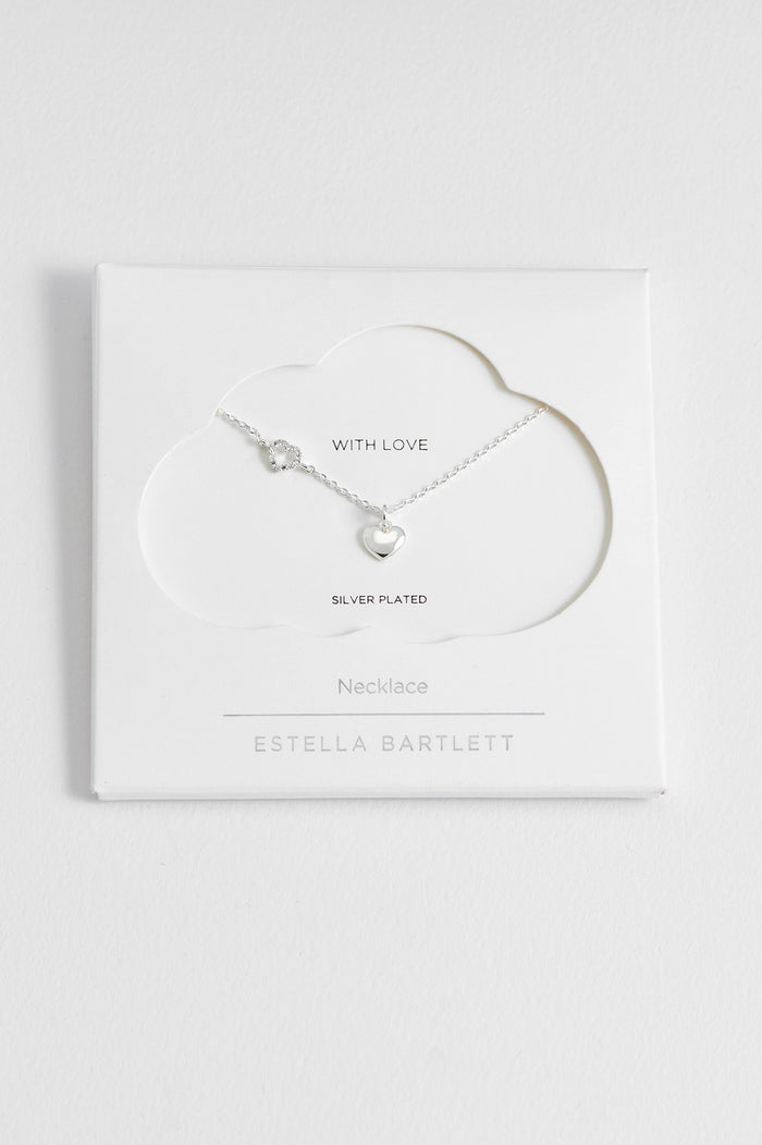 estella bartlett Heart Charm With Open Cz Heart Necklace Silver Plated Packaging Message: With Love