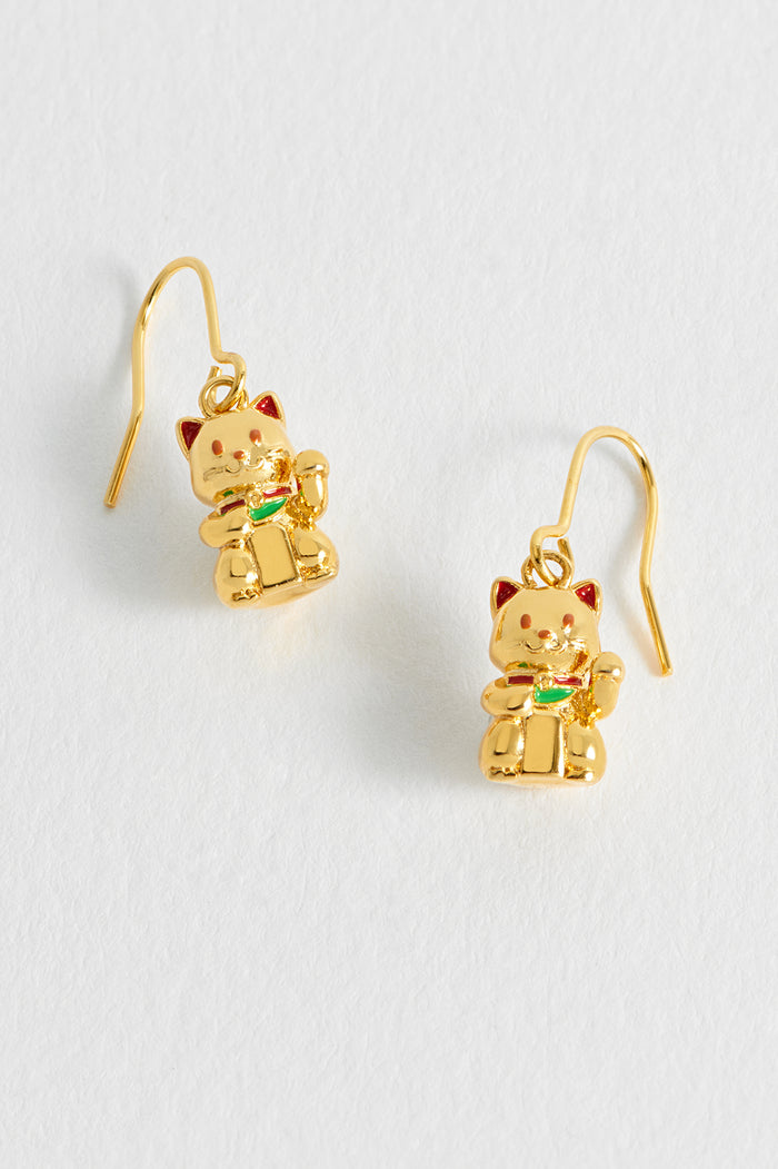 estella bartlett Lucky Cat Hook Earrings Gold Plated