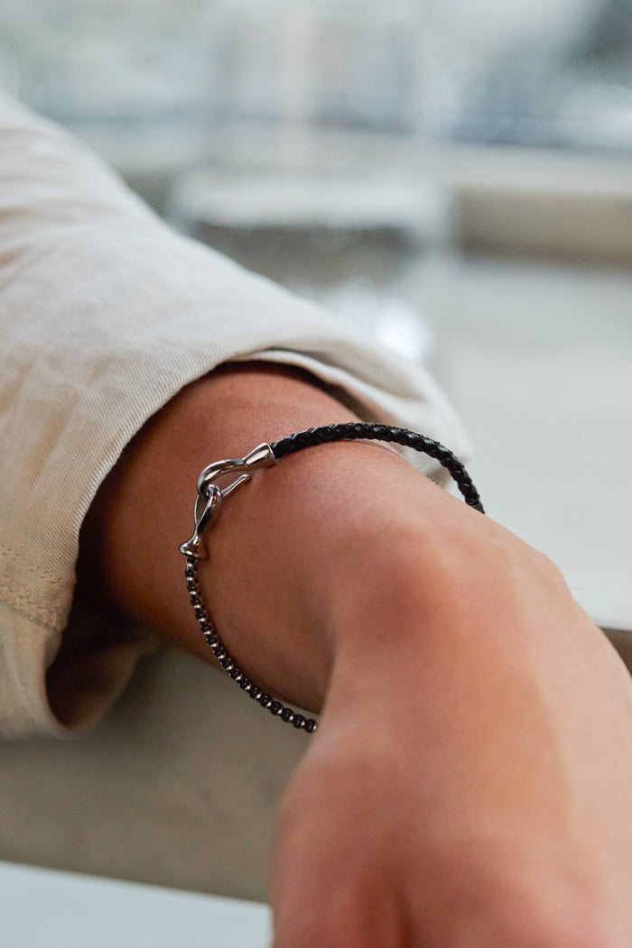 Estella Bartlett Men's Black Leather And Chain Hook Bracelet Waterproof PVD Rhodium Plated | Black