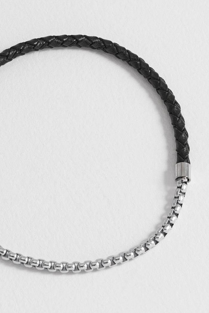 Estella Bartlett Men's Black Leather And Chain Hook Bracelet Waterproof PVD Rhodium Plated | Black