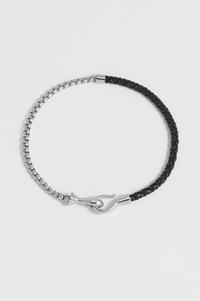 estella bartlett Men's Black Leather and Chain Hook Bracelet Waterproof PVD Rhodium Plated | Black