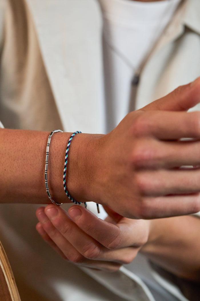 Estella Bartlett Men's Blue Cord And Beaded Stretch Duo Bracelet Waterproof PVD Rhodium Plated | Blue