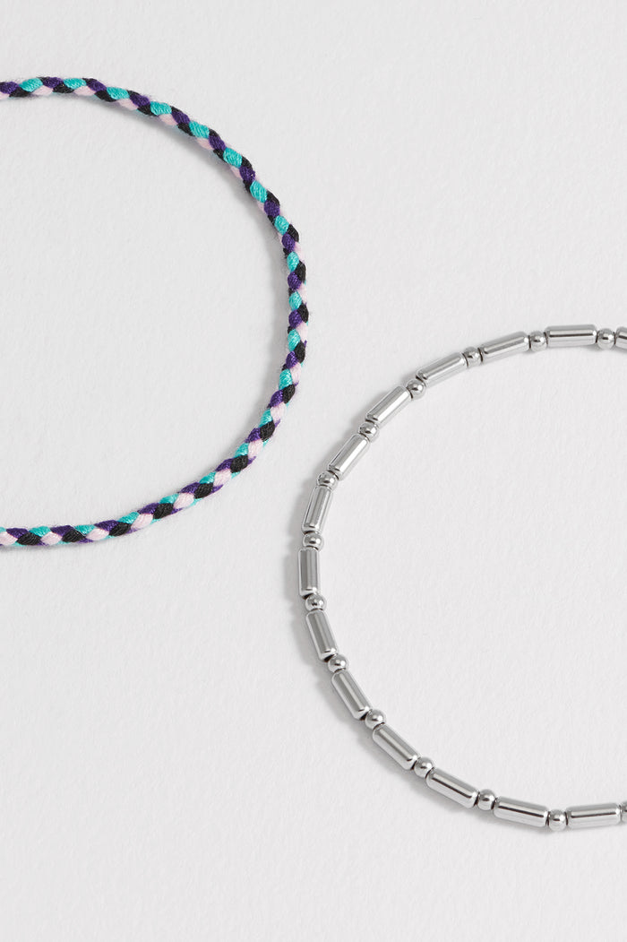 Estella Bartlett Men's Blue Cord And Beaded Stretch Duo Bracelet Waterproof PVD Rhodium Plated | Blue