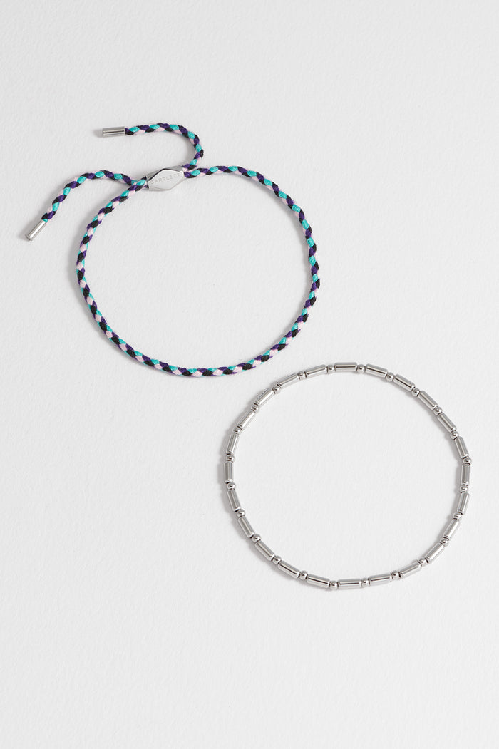 estella bartlett Men's Blue Cord and Beaded Stretch Duo Bracelet Waterproof PVD Rhodium Plated | Blue