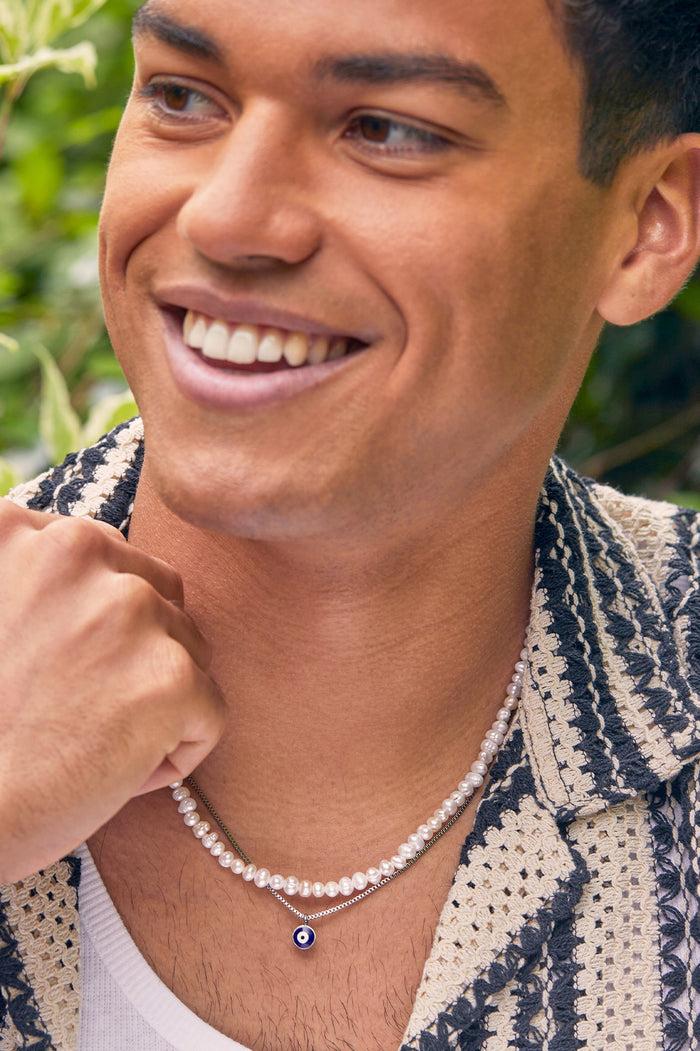 Estella Bartlett Men's Enamel Evil Eye Necklace Waterproof PVD Rhodium Plated