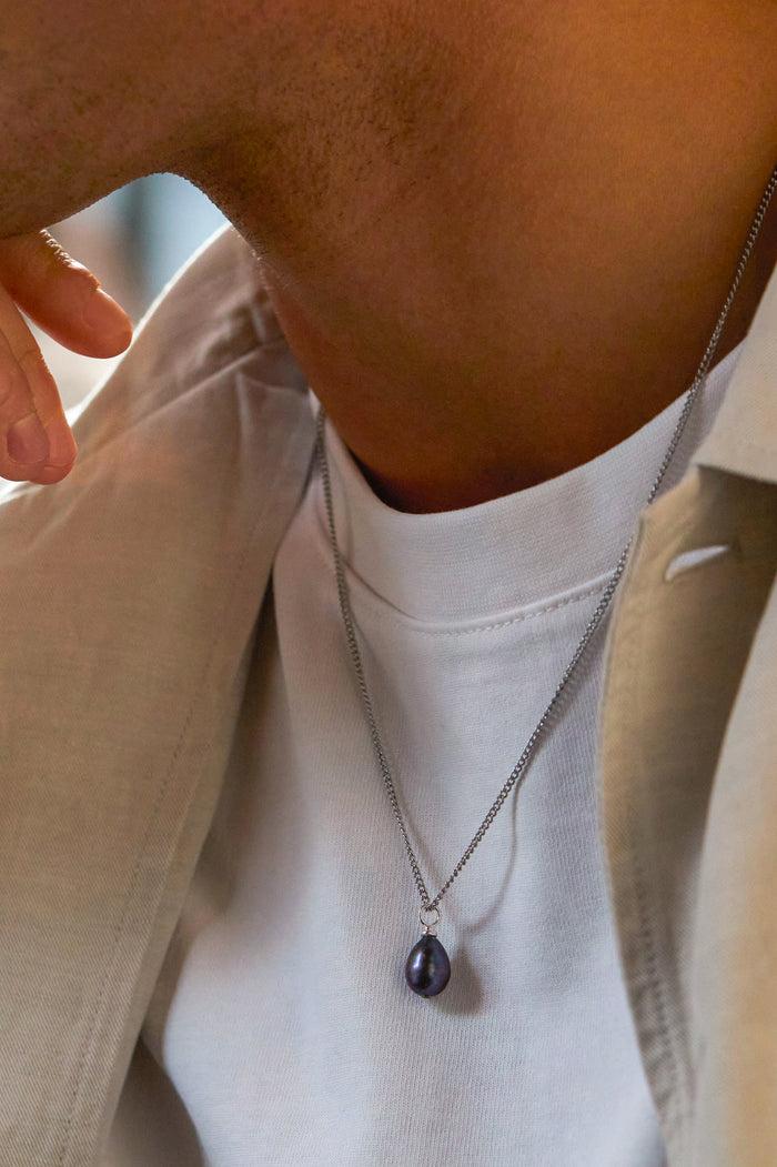 Estella Bartlett Men's Fine Curb Chain And Blue Pearl Necklace Waterproof PVD Rhodium Plated | Blue Pearl