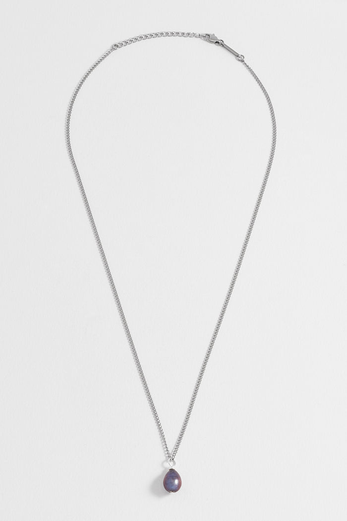 estella bartlett Men's Fine Curb Chain and Blue Pearl Necklace Waterproof PVD Rhodium Plated | Blue Pearl