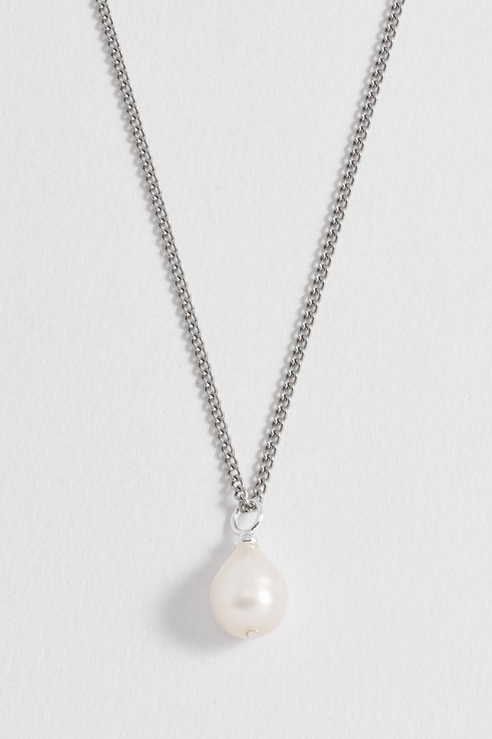Estella Bartlett Men's Fine Curb Chain And Pearl Necklace Waterproof PVD Rhodium Plated | Pearl
