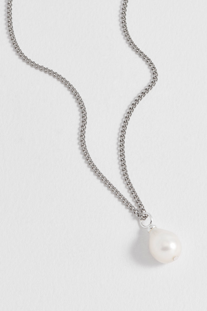 Estella Bartlett Men's Fine Curb Chain And Pearl Necklace Waterproof PVD Rhodium Plated | Pearl