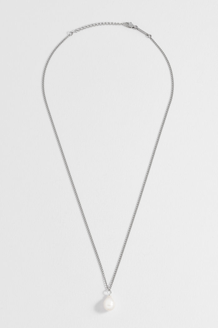 estella bartlett Men's Fine Curb Chain and Pearl Necklace Waterproof PVD Rhodium Plated | Pearl