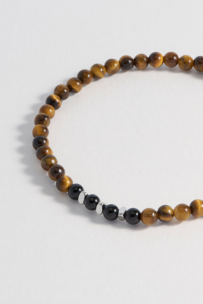 estella bartlett Men's Gemstone Beaded Bracelet Waterproof Stainless Steel | Tiger's Eye and Black Onyx
