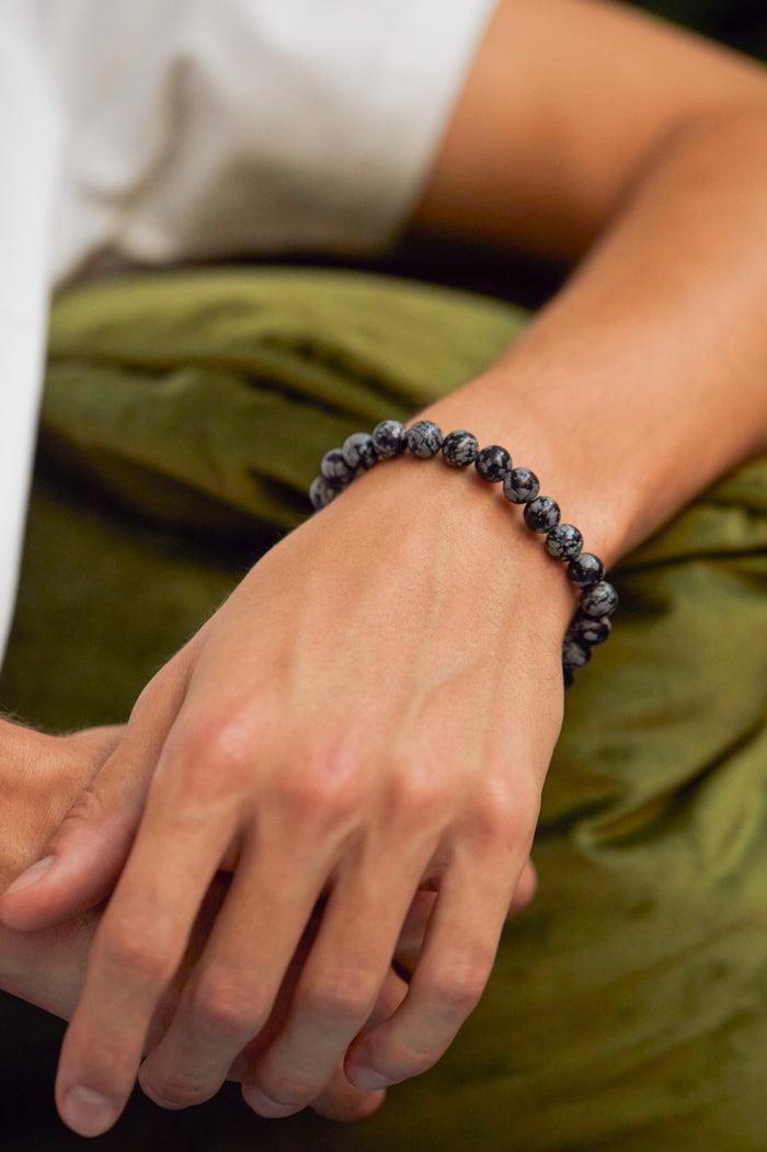 estella bartlett Men's Gemstone Beaded Bracelet Waterproof Stainless Steel | Snowflake Obsidian