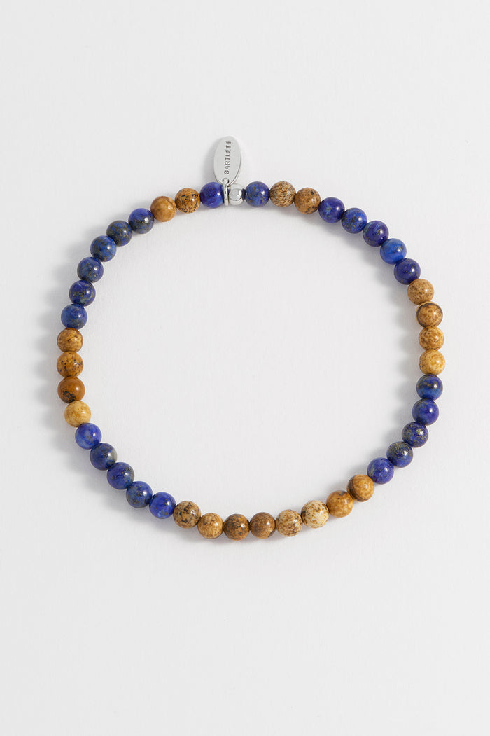 estella bartlett Men's Gemstone Beaded Bracelet Waterproof Stainless Steel | Lapis Lazuli and Picture Jasper