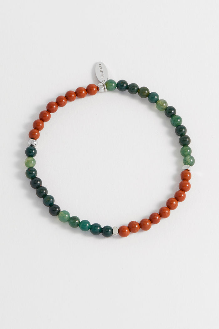 Estella Bartlett Men's Gemstone Beaded Bracelet Waterproof Stainless Steel | Green Moss Agate And Red Jasper