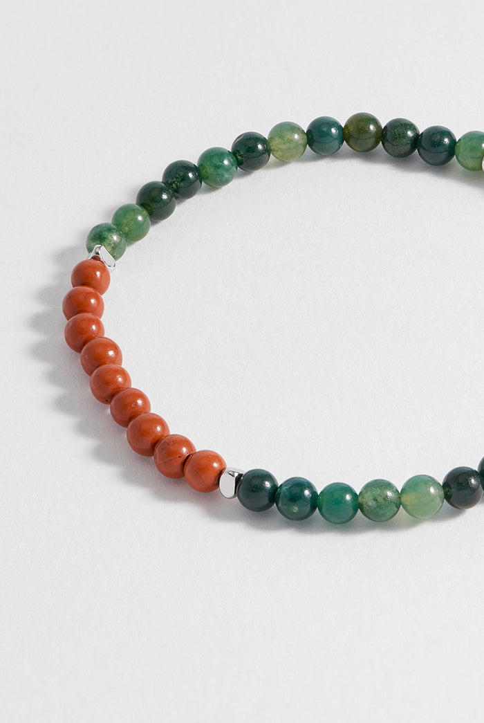 estella bartlett Men's Gemstone Beaded Bracelet Waterproof Stainless Steel | Green Moss Agate and Red Jasper