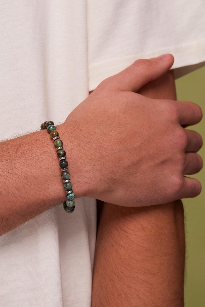Estella Bartlett Men's Gemstone Beaded Bracelet Waterproof Stainless Steel | Green Moss Agate