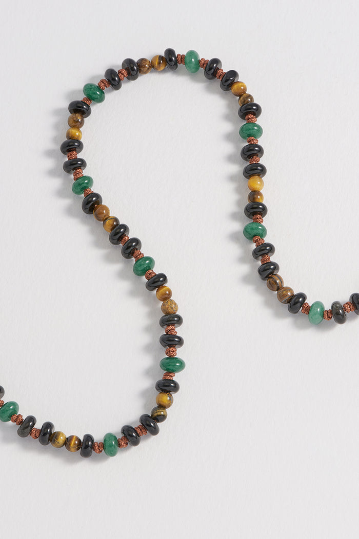 Estella Bartlett Men's Gemstone Knotted Necklace Waterproof PVD Rhodium Plated | Tigers Eye Black Onyx And Green Agate