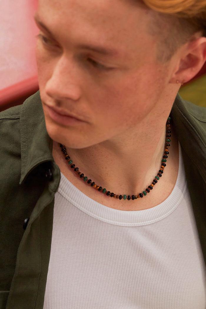 Estella Bartlett Men's Gemstone Knotted Necklace Waterproof PVD Rhodium Plated | Tigers Eye Black Onyx And Green Agate