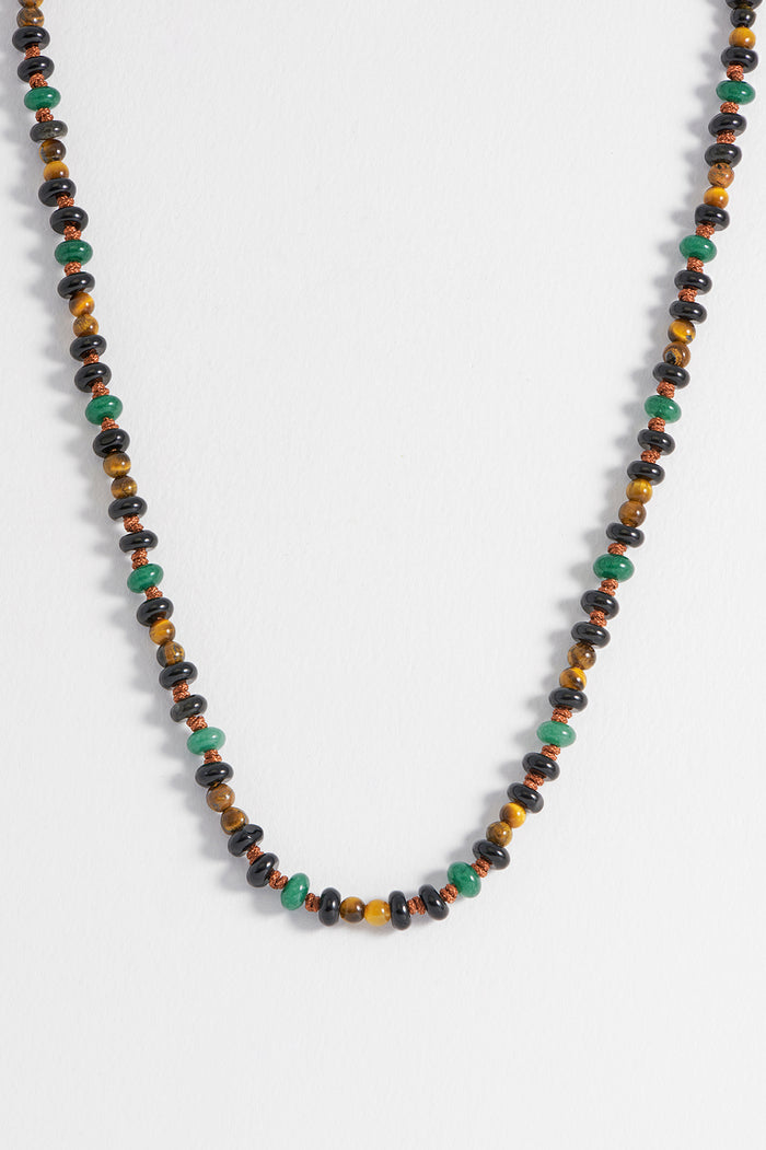 estella bartlett Men's Gemstone Knotted Necklace Waterproof PVD Rhodium Plated | Tigers Eye Black Onyx and Green Agate