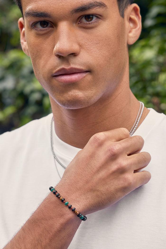 Estella Bartlett Men's Gemstone Knotted Slider Bracelet Waterproof PVD Rhodium Plated | Tigers Eye Black Onyx And Green Agate
