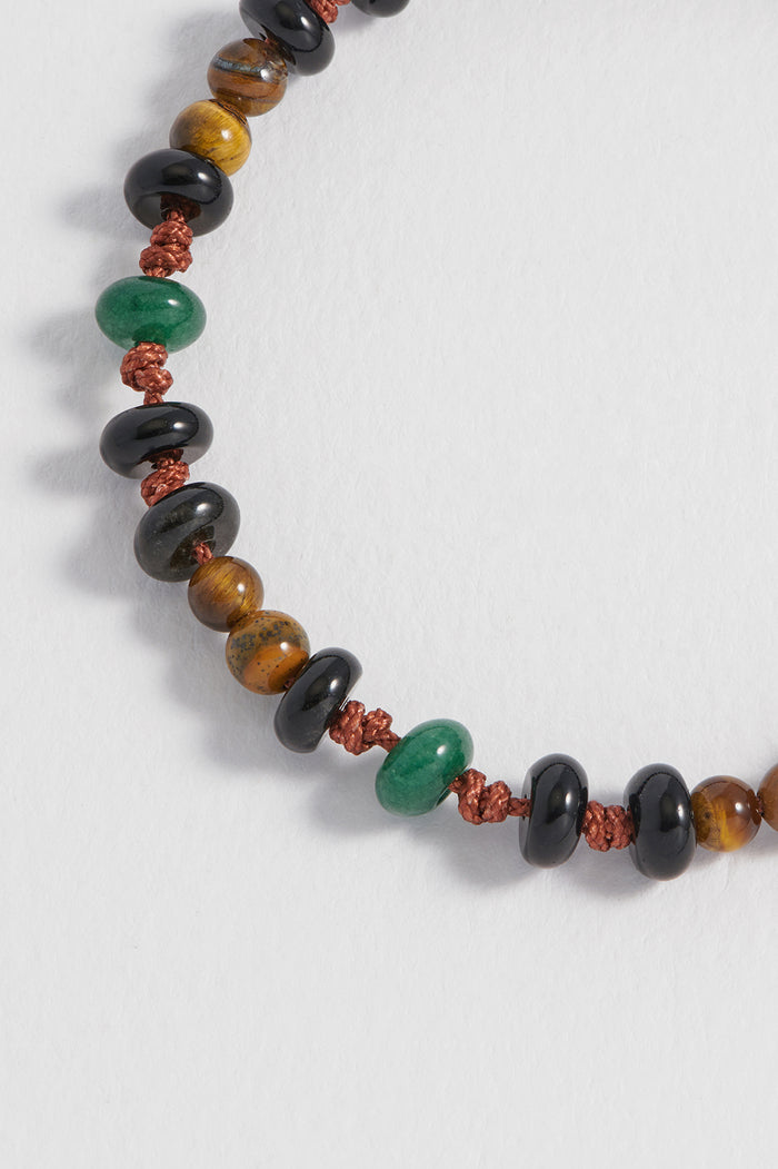 Estella Bartlett Men's Gemstone Knotted Slider Bracelet Waterproof PVD Rhodium Plated | Tigers Eye Black Onyx And Green Agate