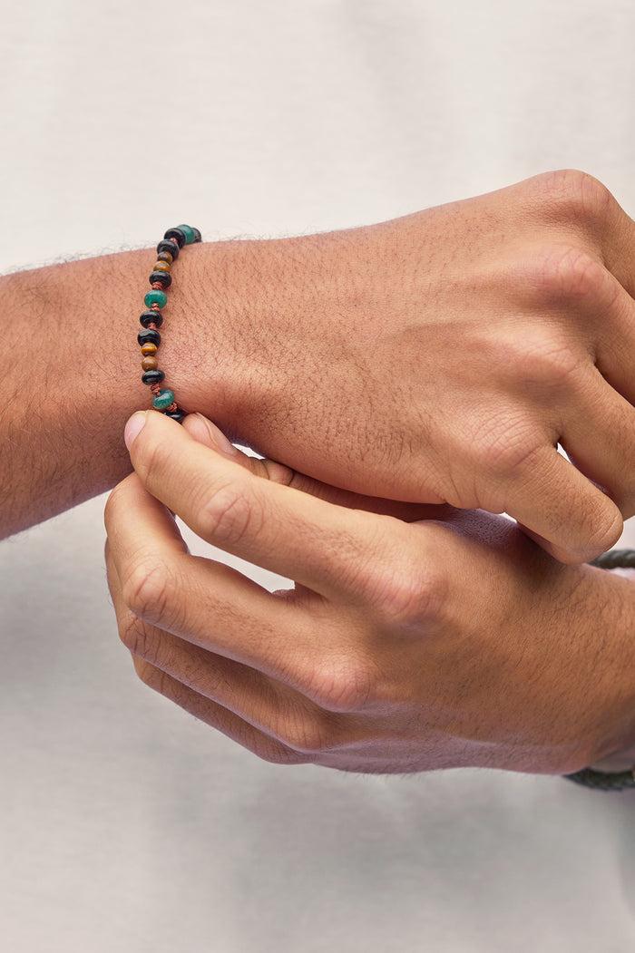 Estella Bartlett Men's Gemstone Knotted Slider Bracelet Waterproof PVD Rhodium Plated | Tigers Eye Black Onyx And Green Agate