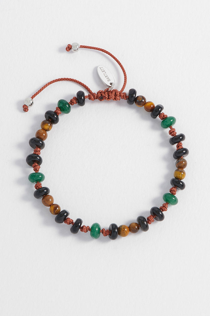 estella bartlett Men's Gemstone Knotted Slider Bracelet Waterproof PVD Rhodium Plated | Tigers Eye Black Onyx and Green Agate