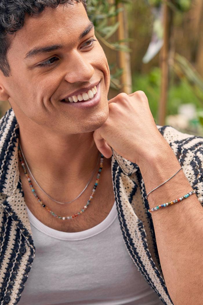 Estella Bartlett Men's Gemstone Rondelle Bracelet Waterproof PVD Rhodium Plated | Mixed Green