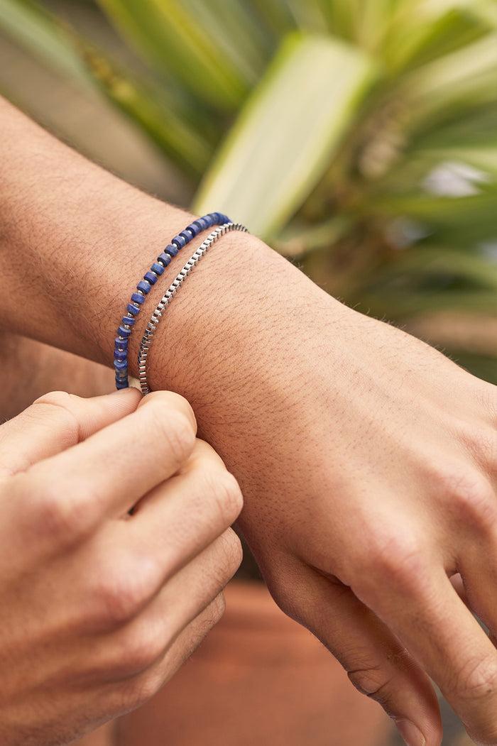 Estella Bartlett Men's Gemstone Rondelle Bracelet Waterproof PVD Rhodium Plated | Lapis