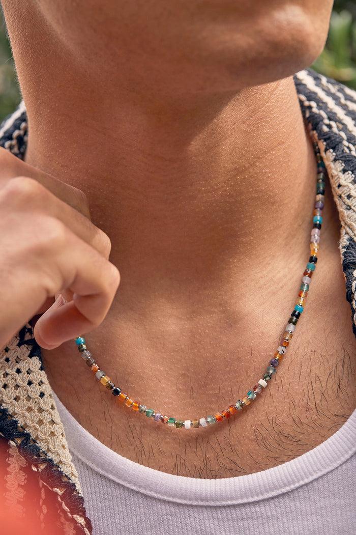 Estella Bartlett Men's Gemstone Rondelle Necklace Waterproof PVD Rhodium Plated | Mixed Green