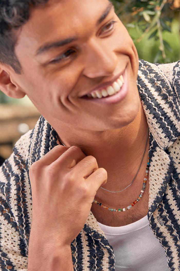 Estella Bartlett Men's Gemstone Rondelle Necklace Waterproof PVD Rhodium Plated | Mixed Green