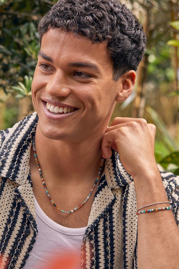 Estella Bartlett Men's Gemstone Rondelle Necklace Waterproof PVD Rhodium Plated | Mixed Green