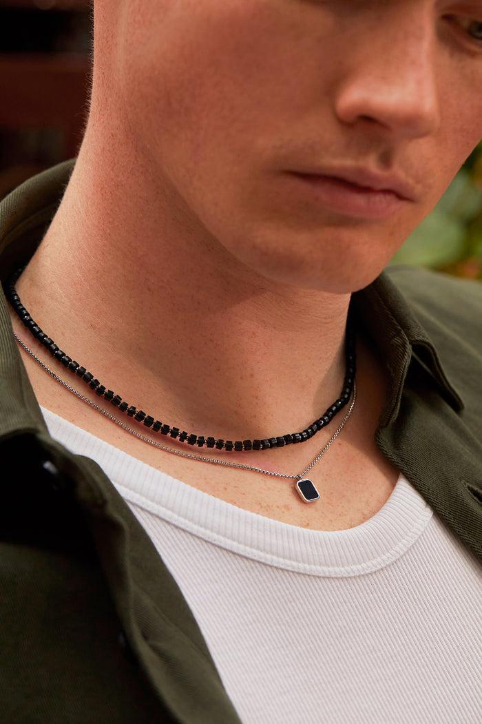Estella Bartlett Men's Gemstone Rondelle Necklace Waterproof PVD Rhodium Plated | Black Onyx