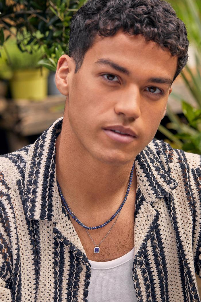 Estella Bartlett Men's Gemstone Rondelle Necklace Waterproof PVD Rhodium Plated | Lapis