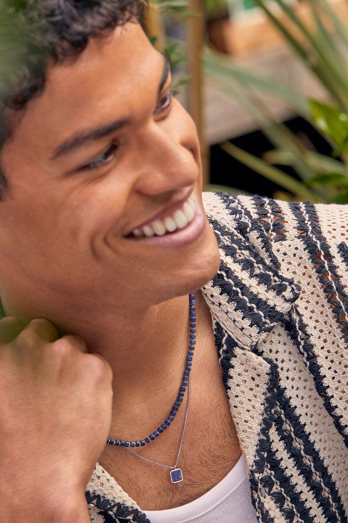 Estella Bartlett Men's Gemstone Rondelle Necklace Waterproof PVD Rhodium Plated | Lapis
